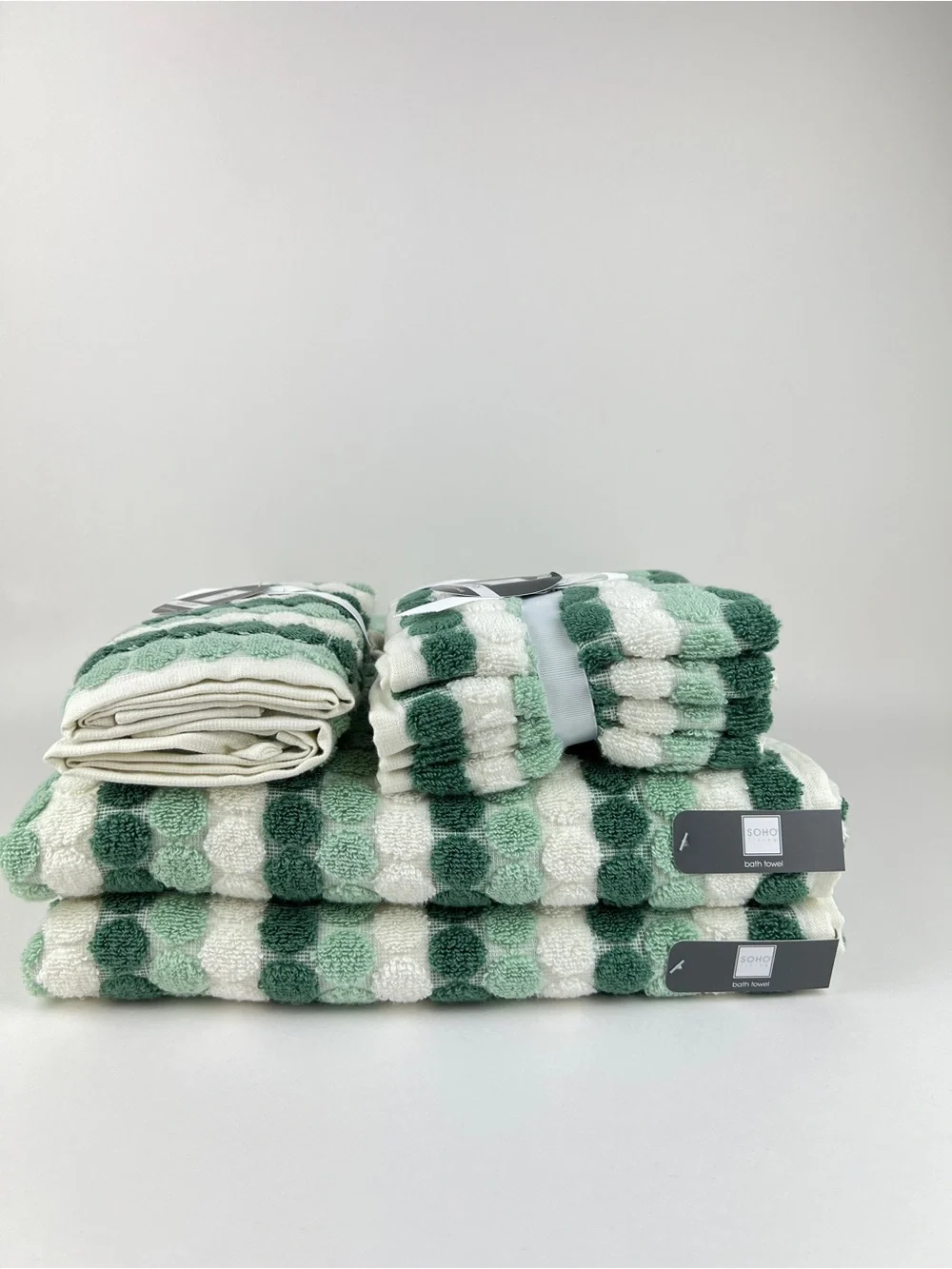 SOHO Living Bath Towel Set Green White Polka Dot & Stripe Soft Cotton 8 Pc NEW